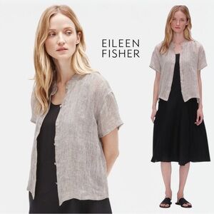 EILEEN FISHER Organic Linen Gauze Mandarin Collar Shirt - Boxy Fit SZ M
